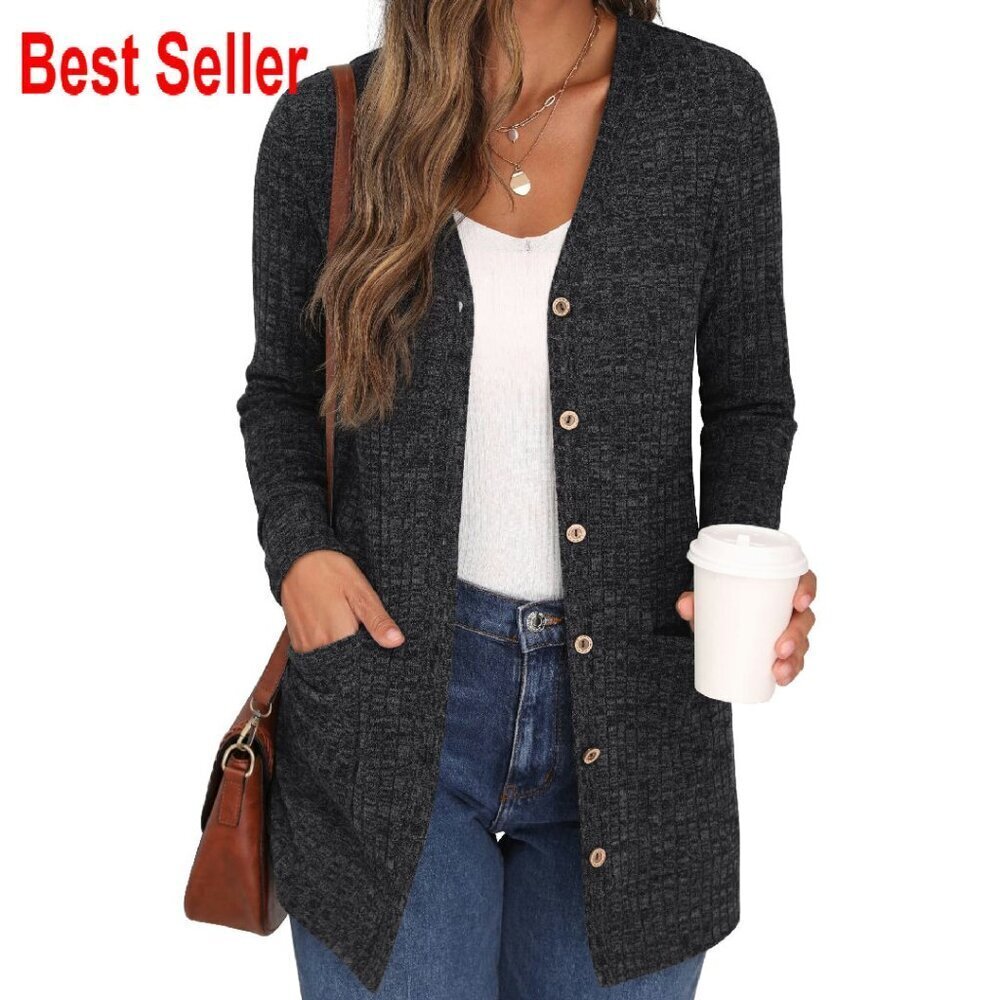 Long Sleeve Open Front Cardigan Ribbed Knit Lightweight Versatile Chic